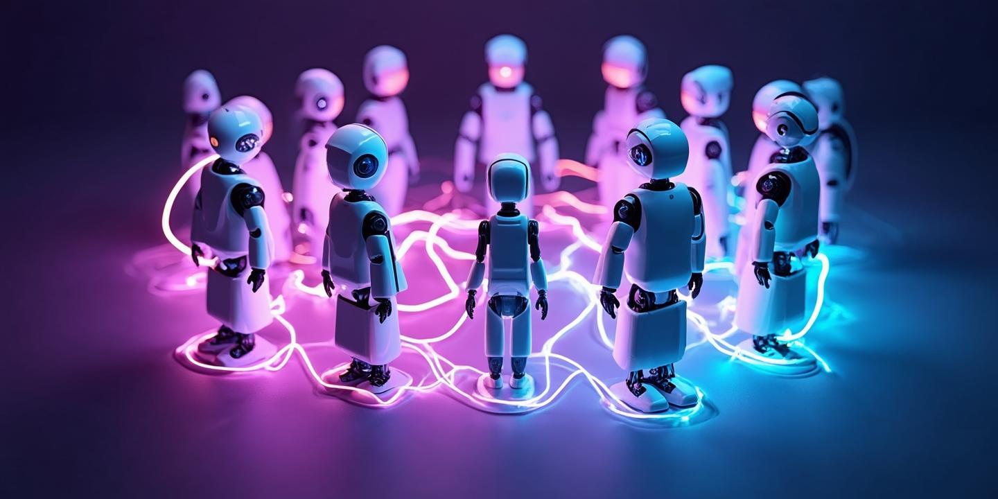 Developers and AI avatars connected in a collaborative community network